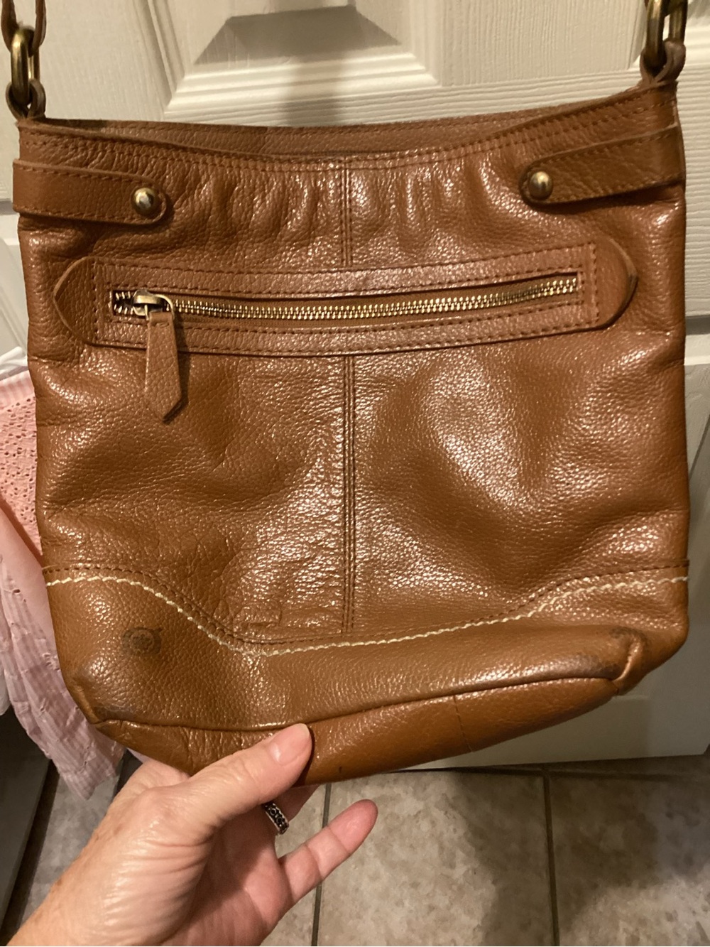 Born Tan Leather Crossbody Bag with Front Zip Pocket
